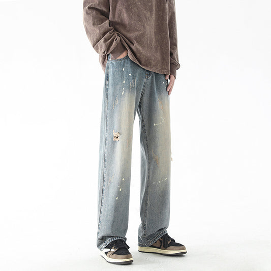 Minimal Distress Washed Loose Jeans